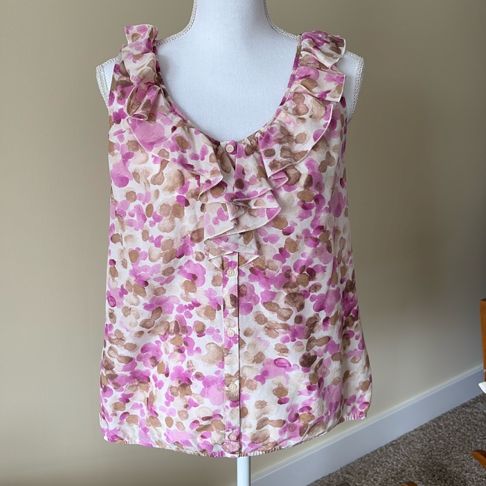 LOFT Sleeveless Pink Tan Ruffled Top Medium